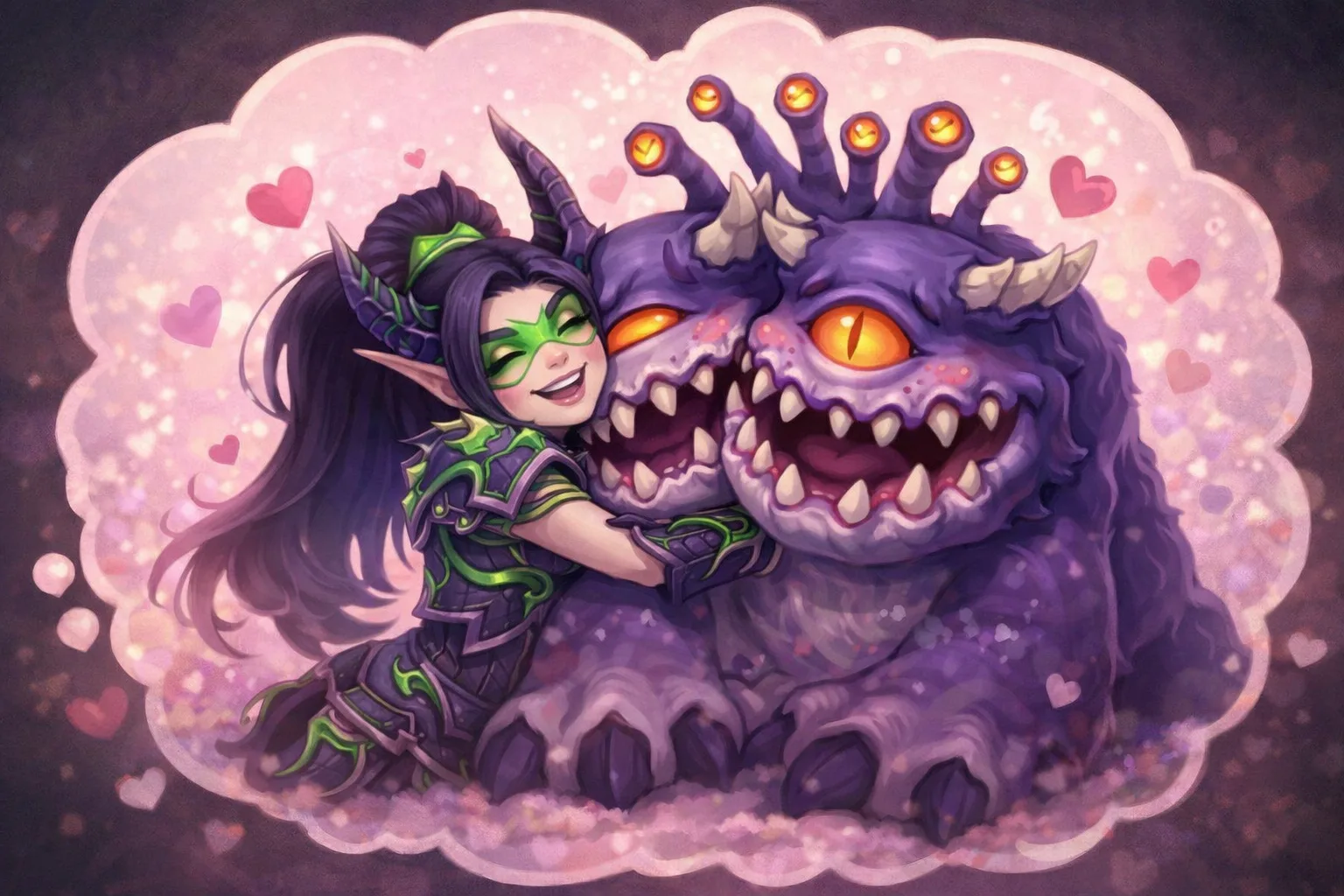 Kivara hugs Blinky in a dreamy, heart-filled vision where the two-headed beast looks happy and gentle.