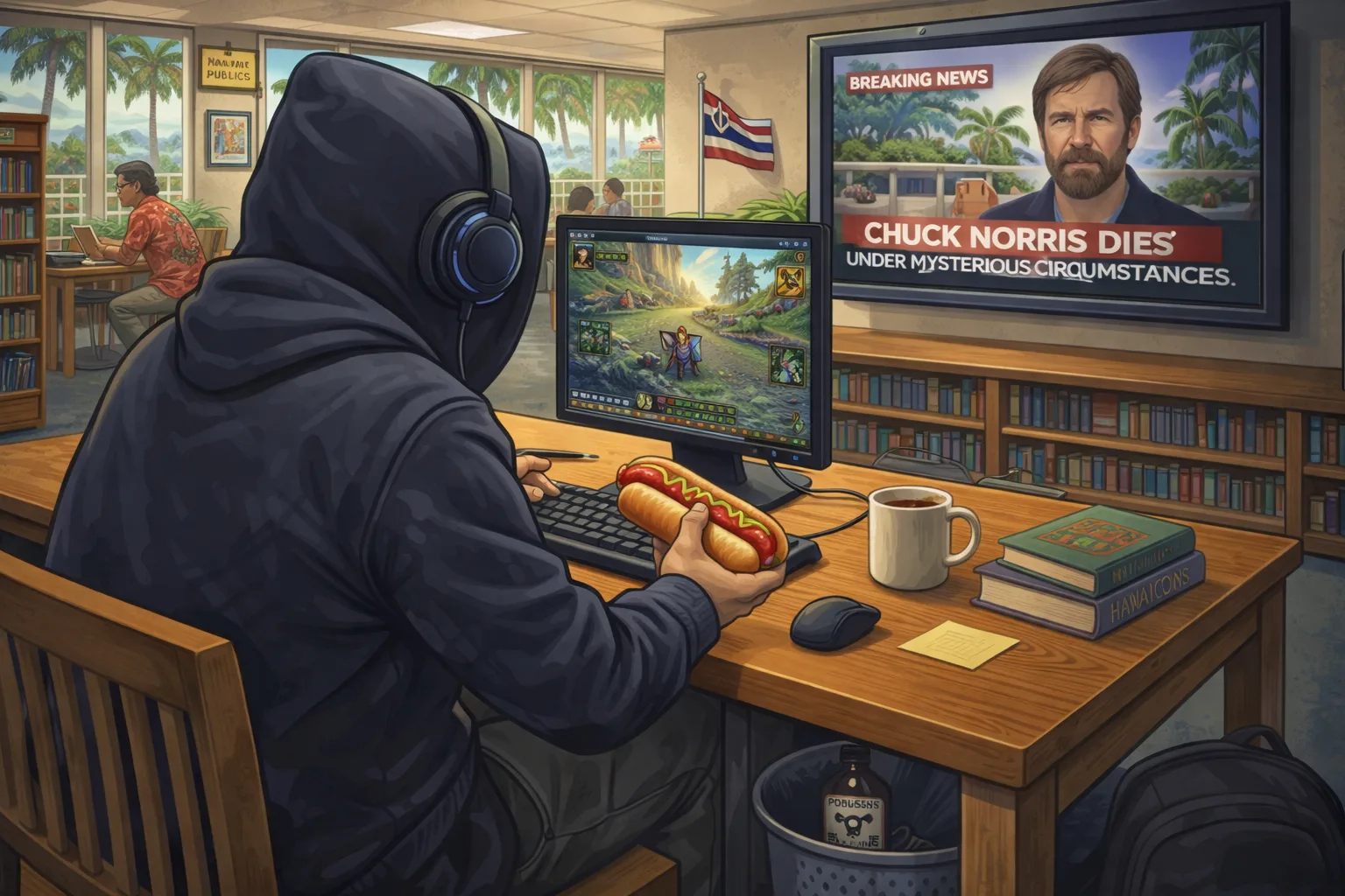 A hooded player games from a Hawaii public library while a news broadcast reports Chuck Norris died under mysterious circumstances.