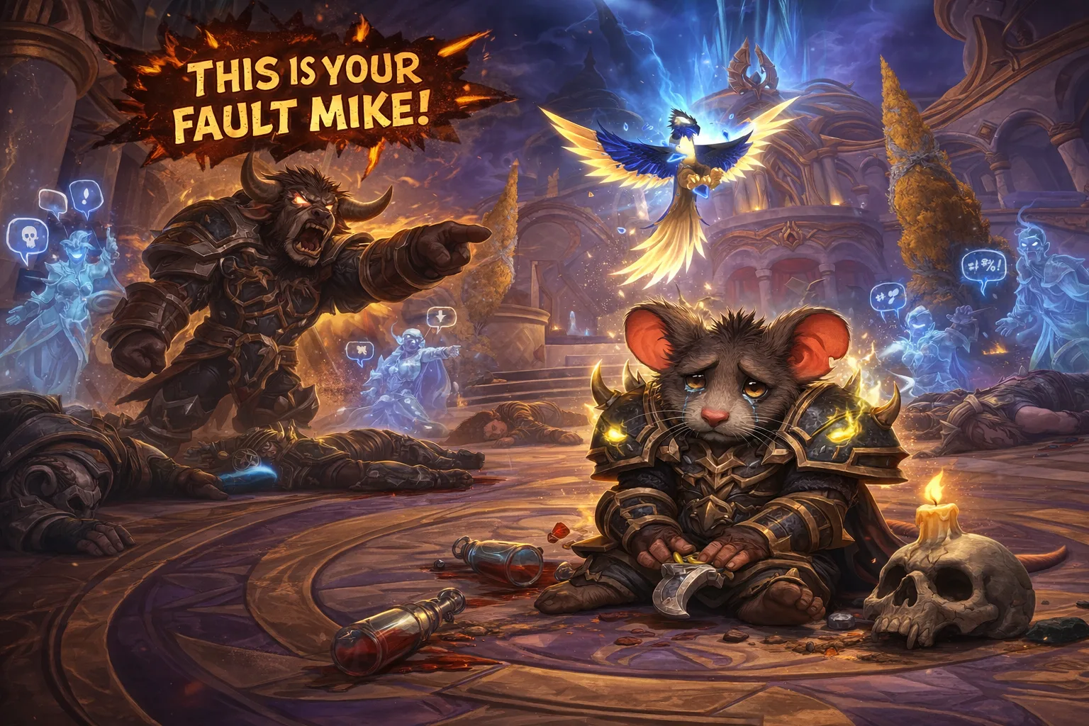 Mike in rat form, helmetless and exhausted, stands at the front of a chaotic Belo'ren pull as the raid collapses around him.