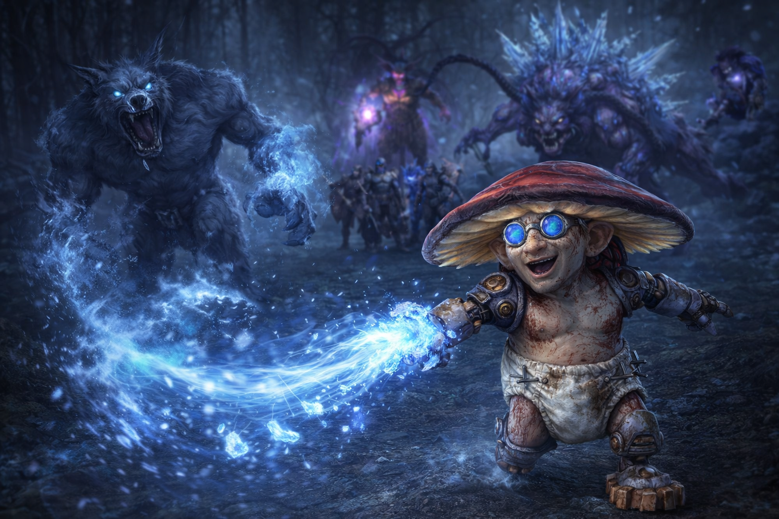 TheFrostytip casts frost magic in the middle of a chaotic pull with multiple enemies and blue magical effects.