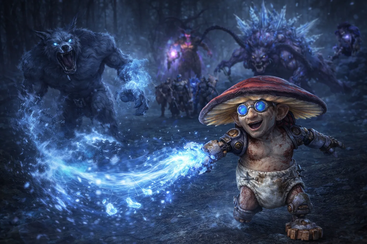 TheFrostytip casts frost magic in the middle of a chaotic pull with multiple enemies and blue magical effects.