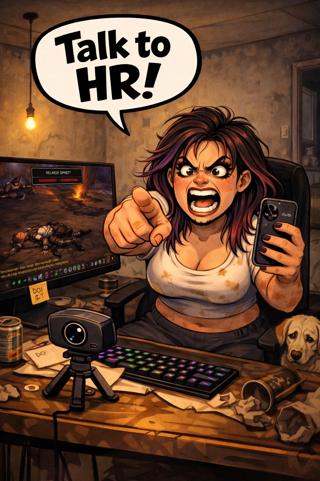An enraged raid leader points at camera while yelling about HR, with a wipe screen visible behind her.